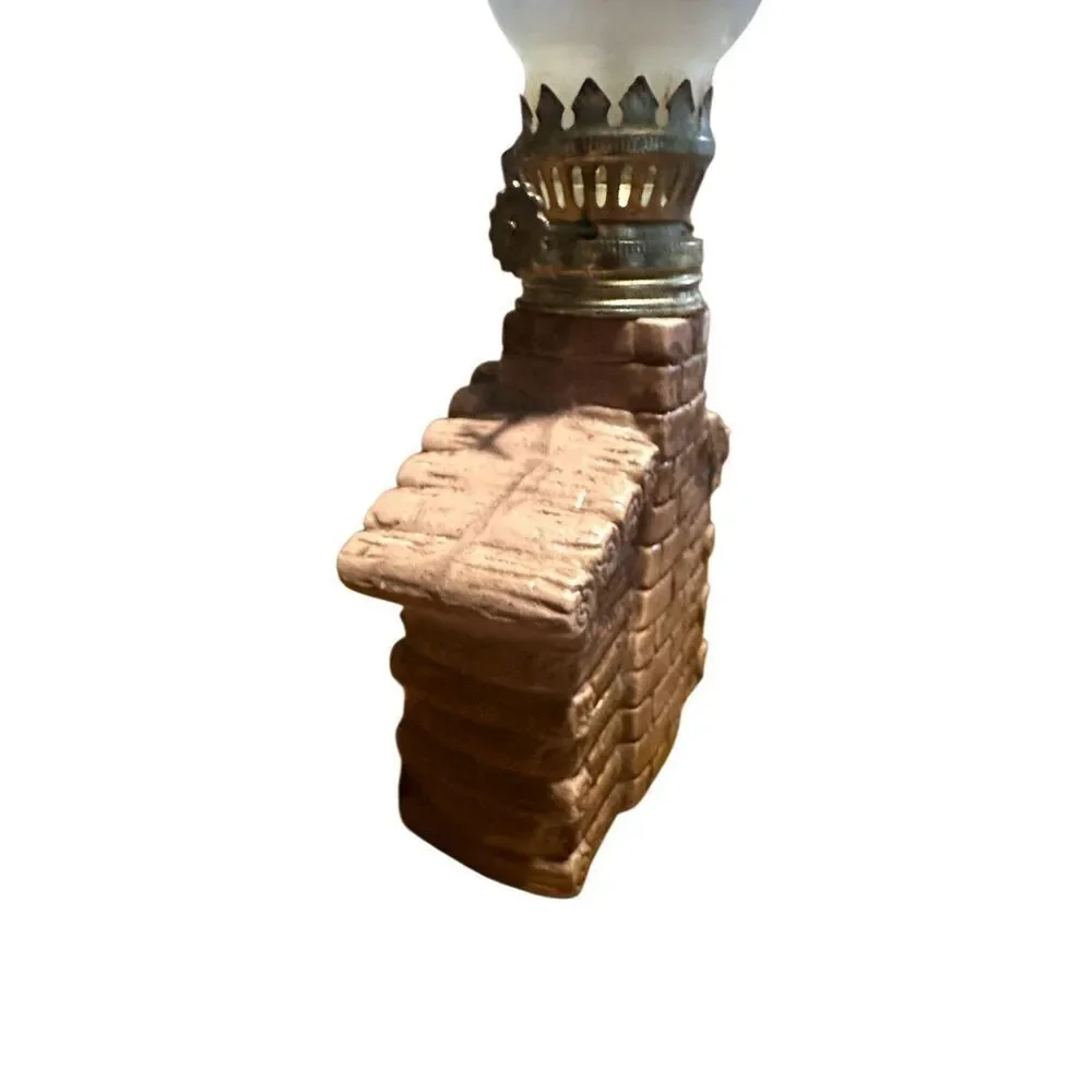 Vintage 1960s Ceramic Mini Log Cabin Mountain Men Kerosene Oil Lamp 8.5”